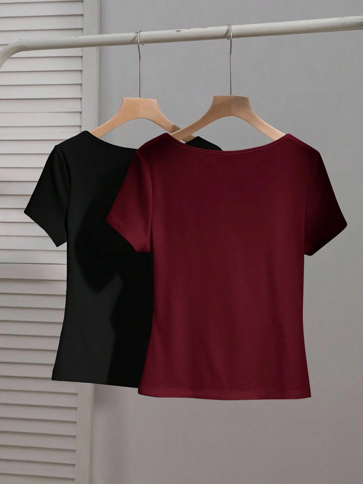 EZwear 2pcs/Set Women's Square Neck Short Sleeve Casual Fitted T-Shirts, Suitable For Autumn/Winter Streetwear,Summer Top Home Burgundy Black