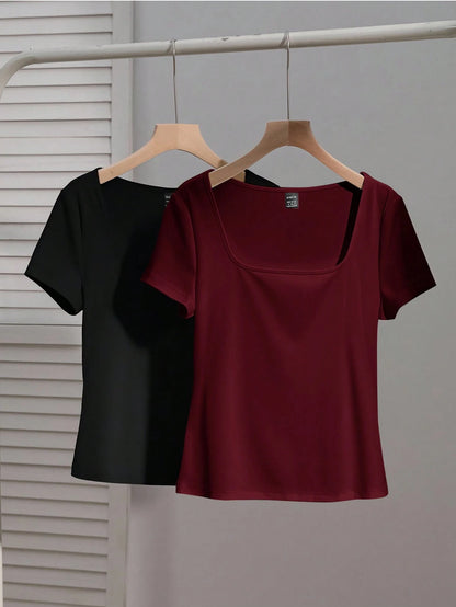 EZwear 2pcs/Set Women's Square Neck Short Sleeve Casual Fitted T-Shirts, Suitable For Autumn/Winter Streetwear,Summer Top Home Burgundy Black