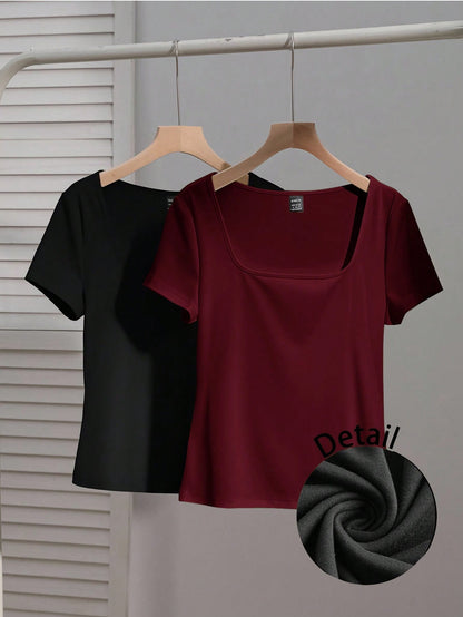 EZwear 2pcs/Set Women's Square Neck Short Sleeve Casual Fitted T-Shirts, Suitable For Autumn/Winter Streetwear,Summer Top Home Burgundy Black