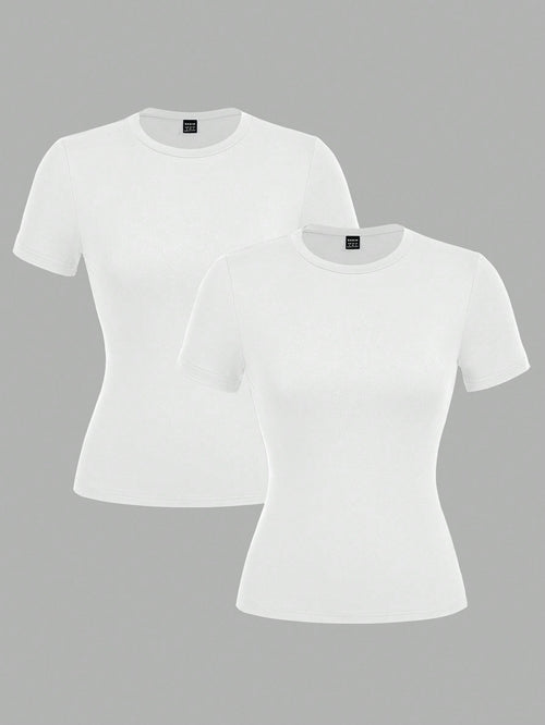 EZwear 2pcs White Casual Basic Crew Neck Short Sleeve T-Shirts, Suitable For Spring/Summer