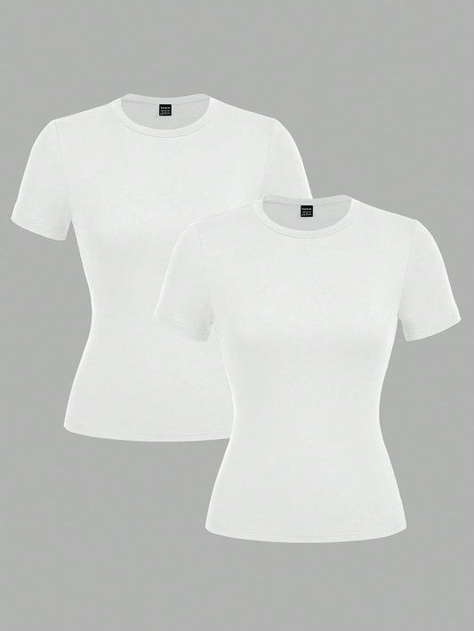 EZwear 2pcs White Casual Basic Crew Neck Short Sleeve T-Shirts, Suitable For Spring/Summer