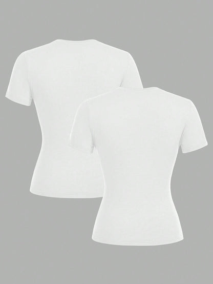 EZwear 2pcs White Casual Basic Crew Neck Short Sleeve T-Shirts, Suitable For Spring/Summer