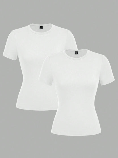 EZwear 2pcs White Casual Basic Crew Neck Short Sleeve T-Shirts, Suitable For Spring/Summer