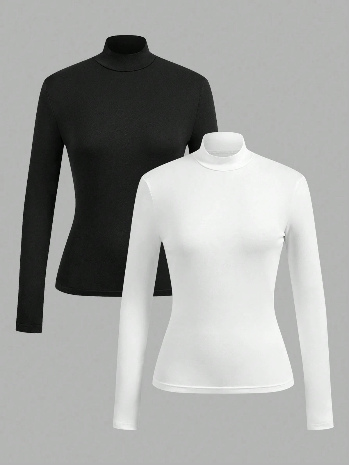 EZwear 2pcs Women High Neck Tight Fit Long Sleeve Base Layer T-Shirt Set, Suitable For Autumn/Winter, Summer Outfits, Beach Holiday