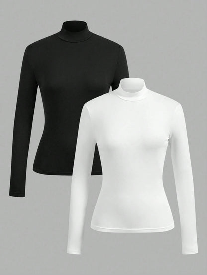 EZwear 2pcs Women High Neck Tight Fit Long Sleeve Base Layer T-Shirt Set, Suitable For Autumn/Winter, Summer Outfits, Beach Holiday