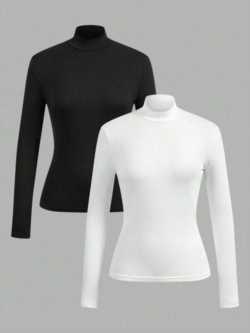 EZwear 2pcs Women High Neck Tight Fit Long Sleeve Base Layer T-Shirt Set, Suitable For Autumn/Winter, Summer Outfits, Beach Holiday