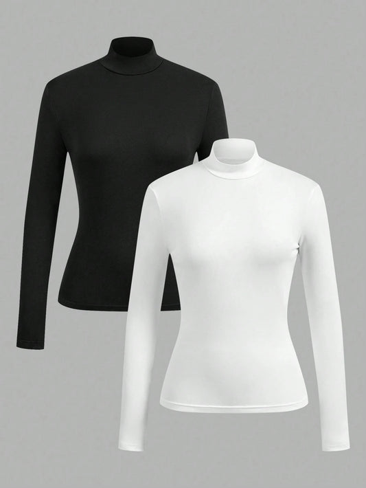 EZwear 2pcs Women High Neck Tight Fit Long Sleeve Base Layer T-Shirt Set, Suitable For Autumn/Winter, Summer Outfits, Beach Holiday