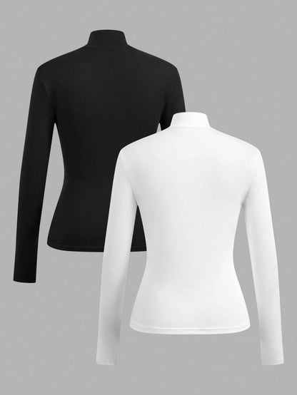 EZwear 2pcs Women High Neck Tight Fit Long Sleeve Base Layer T-Shirt Set, Suitable For Autumn/Winter, Summer Outfits, Beach Holiday