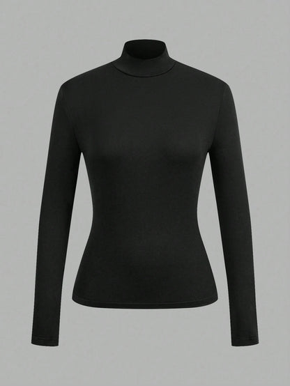 EZwear 2pcs Women High Neck Tight Fit Long Sleeve Base Layer T-Shirt Set, Suitable For Autumn/Winter, Summer Outfits, Beach Holiday