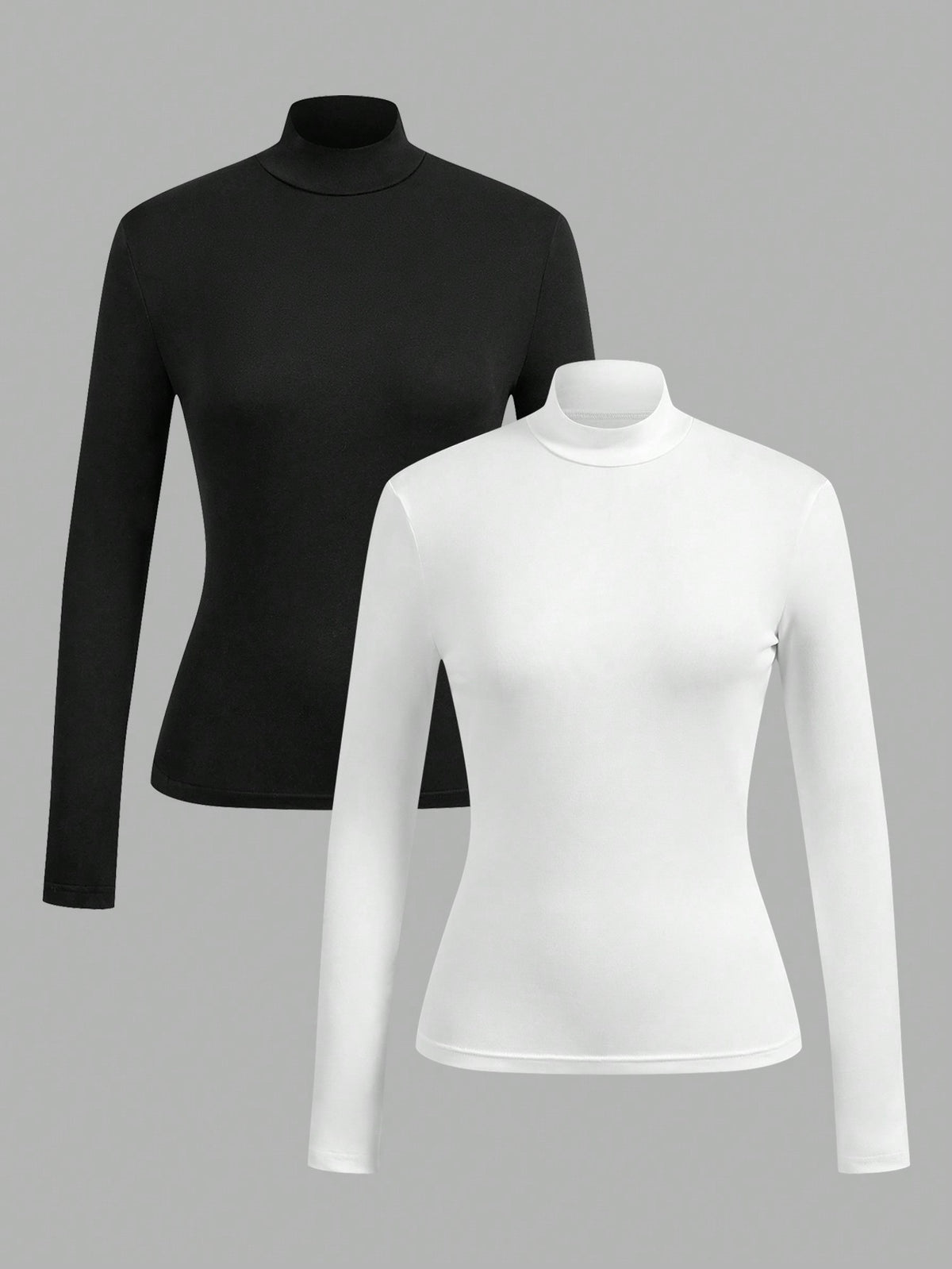 EZwear 2pcs Women High Neck Tight Fit Long Sleeve Base Layer T-Shirt Set, Suitable For Autumn/Winter, Summer Outfits, Beach Holiday