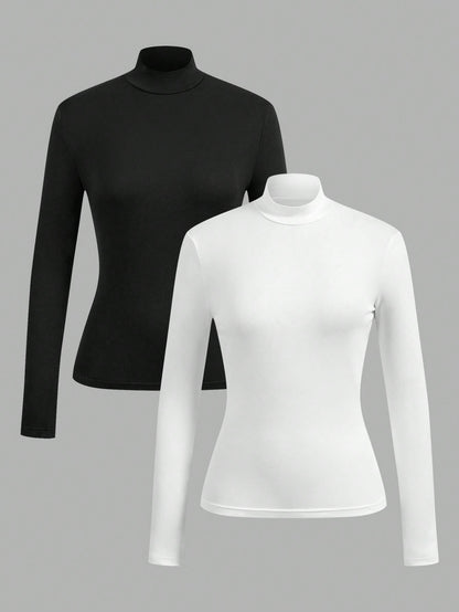 EZwear 2pcs Women High Neck Tight Fit Long Sleeve Base Layer T-Shirt Set, Suitable For Autumn/Winter, Summer Outfits, Beach Holiday