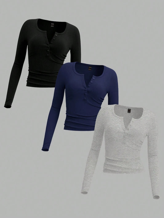 EZwear 3-Color Button Placket Long Sleeve Casual T-Shirt For Women Tight Tops V Neck Tops Women Long Sleeve Tops 3 Packs Tops