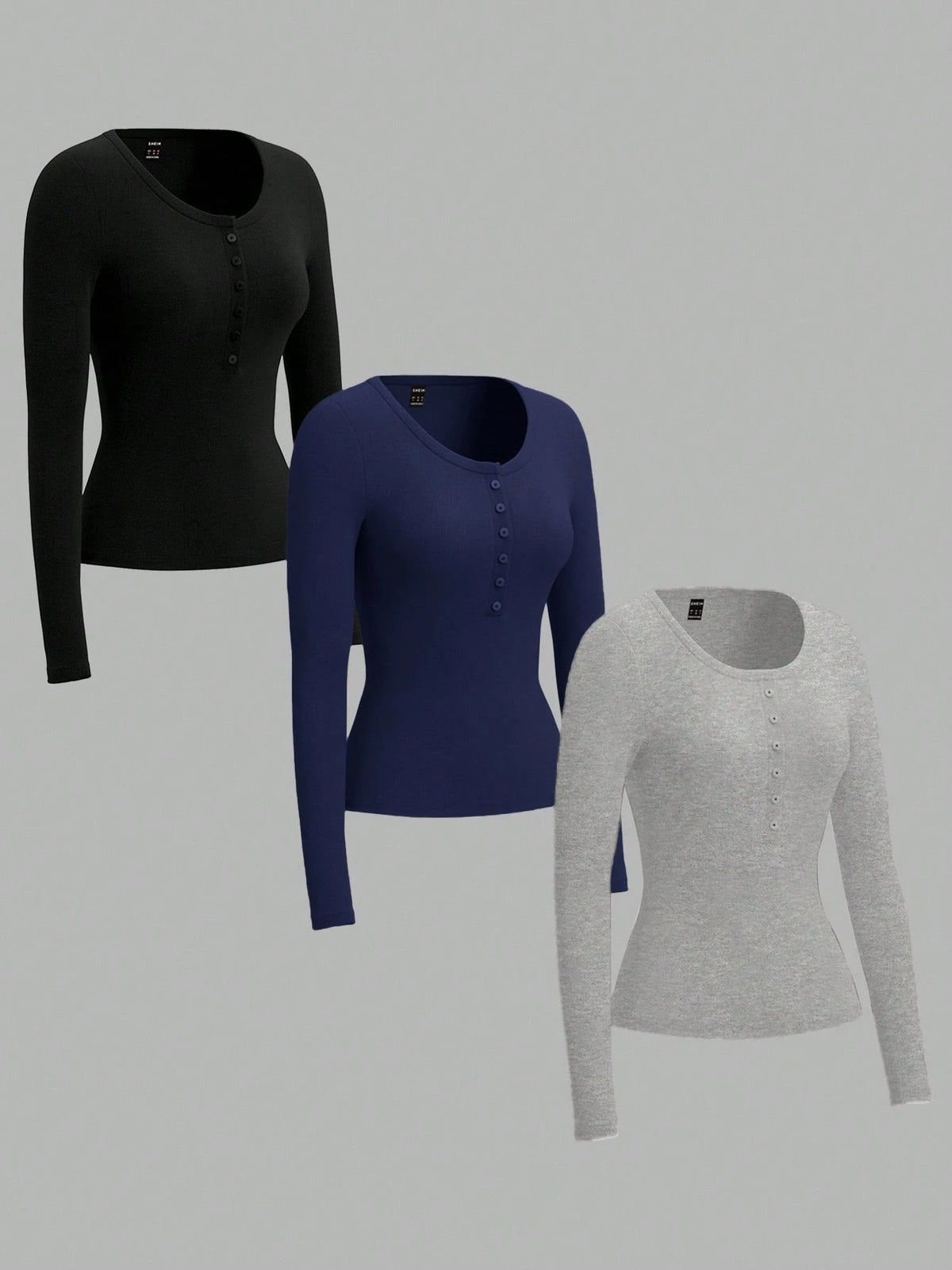 EZwear 3-Color Button Placket Long Sleeve Casual T-Shirt For Women Tight Tops V Neck Tops Women Long Sleeve Tops 3 Packs Tops