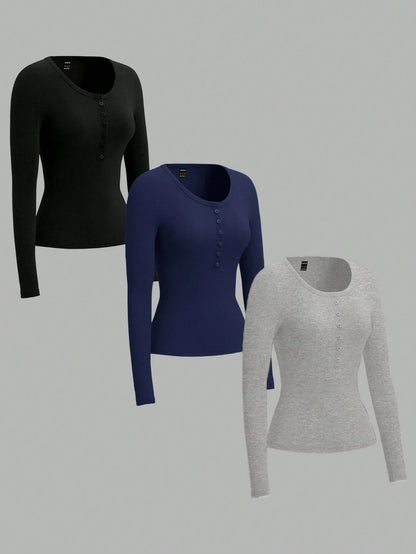EZwear 3-Color Button Placket Long Sleeve Casual T-Shirt For Women Tight Tops V Neck Tops Women Long Sleeve Tops 3 Packs Tops