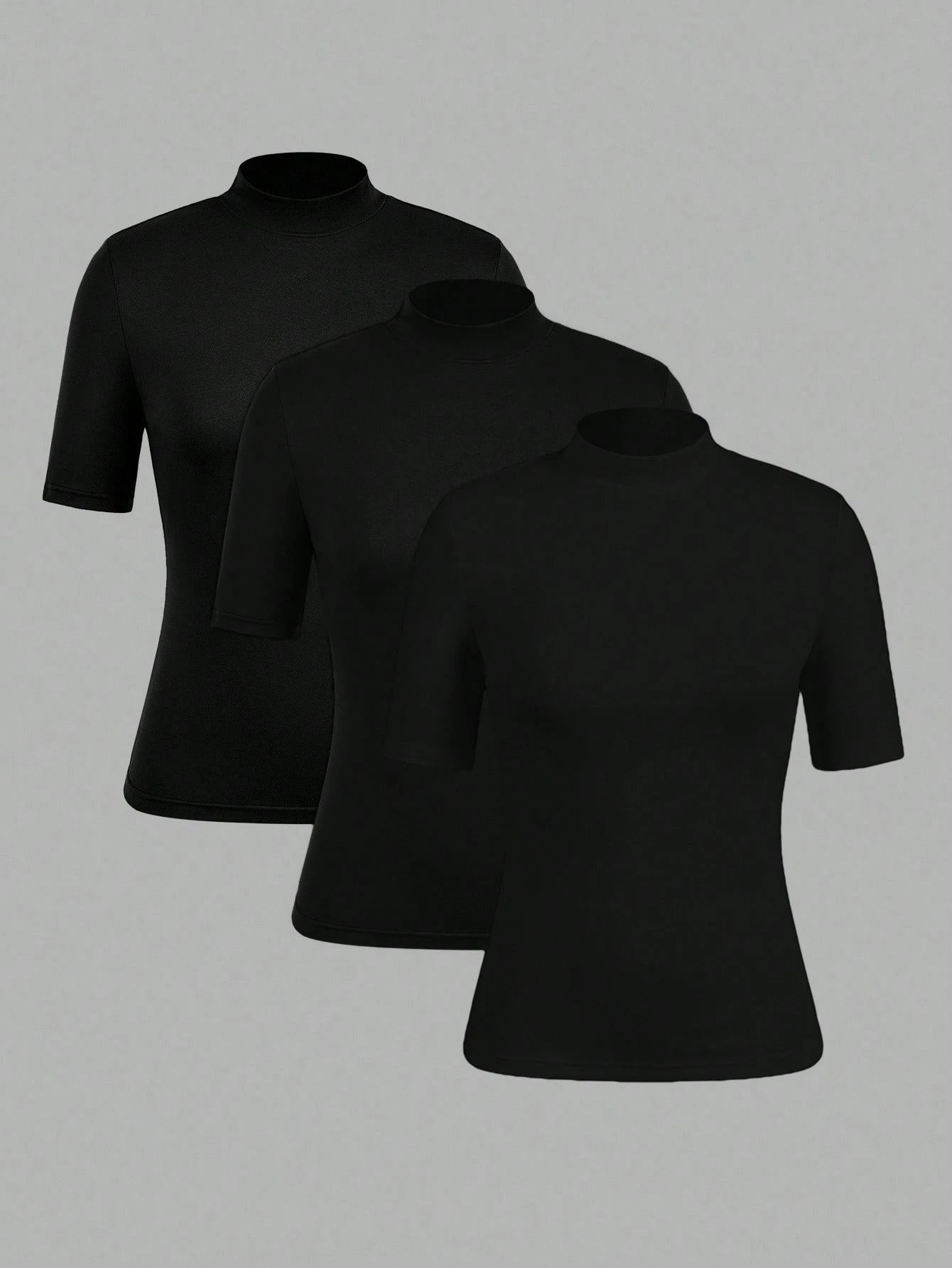 EZwear 3pcs Black Casual Minimalist Women Short Sleeve Turtleneck Undershirt Set,Black Tops