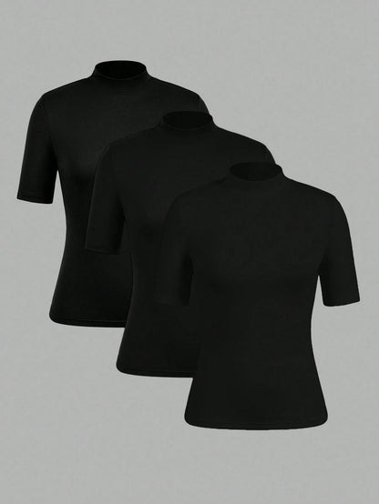 EZwear 3pcs Black Casual Minimalist Women Short Sleeve Turtleneck Undershirt Set,Black Tops