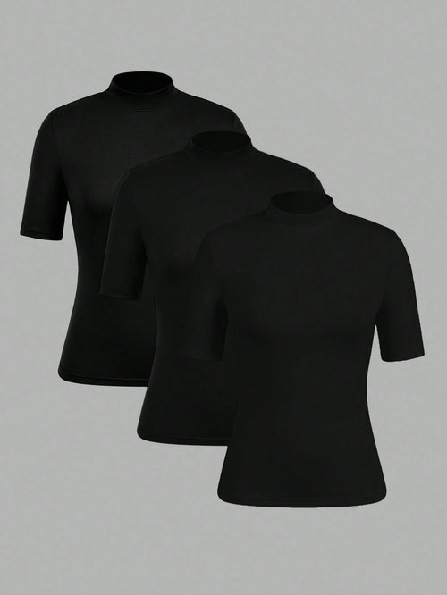EZwear 3pcs Black Casual Minimalist Women Short Sleeve Turtleneck Undershirt Set,Black Tops