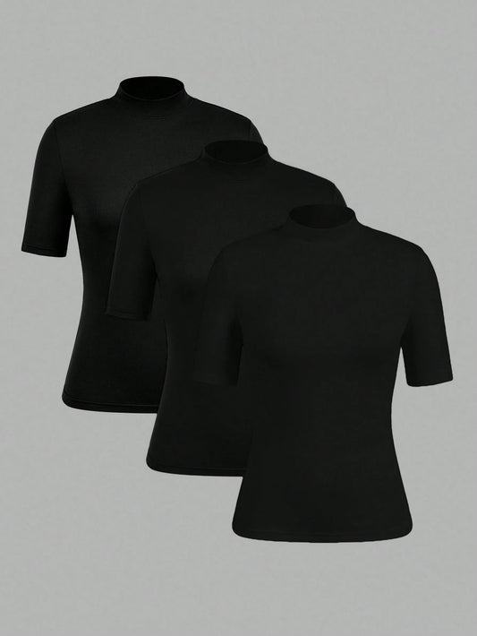 EZwear 3pcs Black Casual Minimalist Women Short Sleeve Turtleneck Undershirt Set,Black Tops