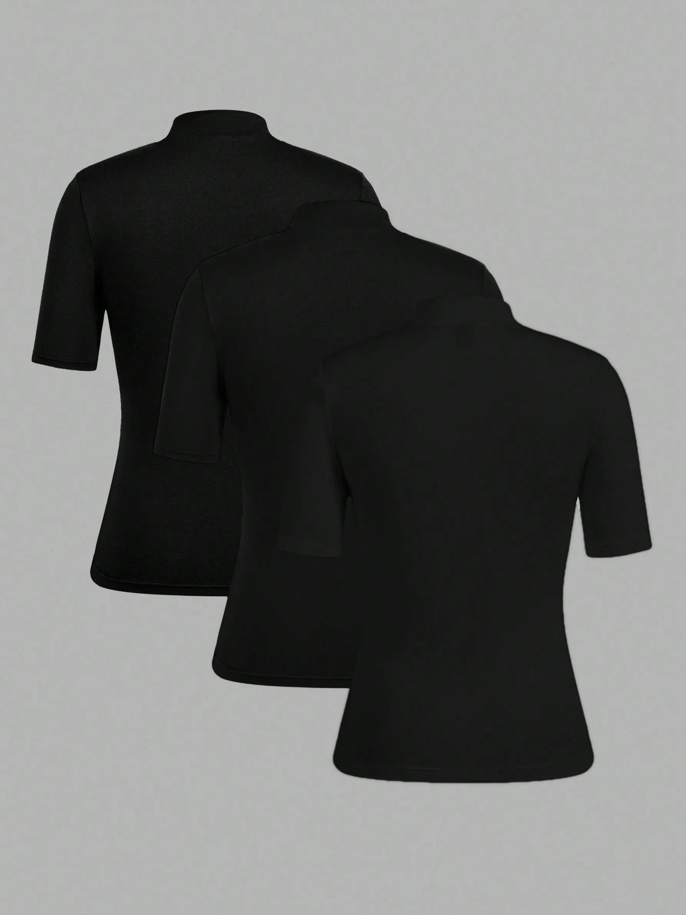 EZwear 3pcs Black Casual Minimalist Women Short Sleeve Turtleneck Undershirt Set,Black Tops