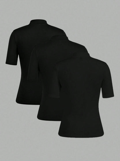 EZwear 3pcs Black Casual Minimalist Women Short Sleeve Turtleneck Undershirt Set,Black Tops