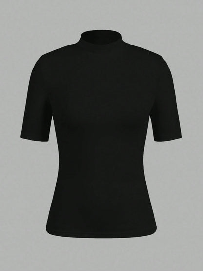 EZwear 3pcs Black Casual Minimalist Women Short Sleeve Turtleneck Undershirt Set,Black Tops