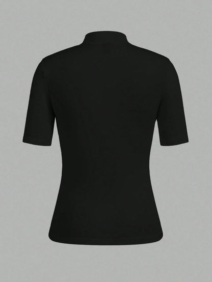 EZwear 3pcs Black Casual Minimalist Women Short Sleeve Turtleneck Undershirt Set,Black Tops