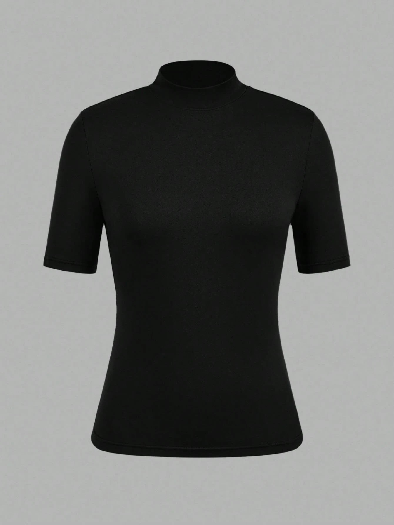 EZwear 3pcs Black Casual Minimalist Women Short Sleeve Turtleneck Undershirt Set,Black Tops
