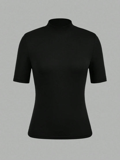EZwear 3pcs Black Casual Minimalist Women Short Sleeve Turtleneck Undershirt Set,Black Tops