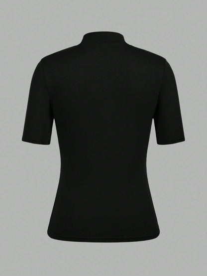 EZwear 3pcs Black Casual Minimalist Women Short Sleeve Turtleneck Undershirt Set,Black Tops