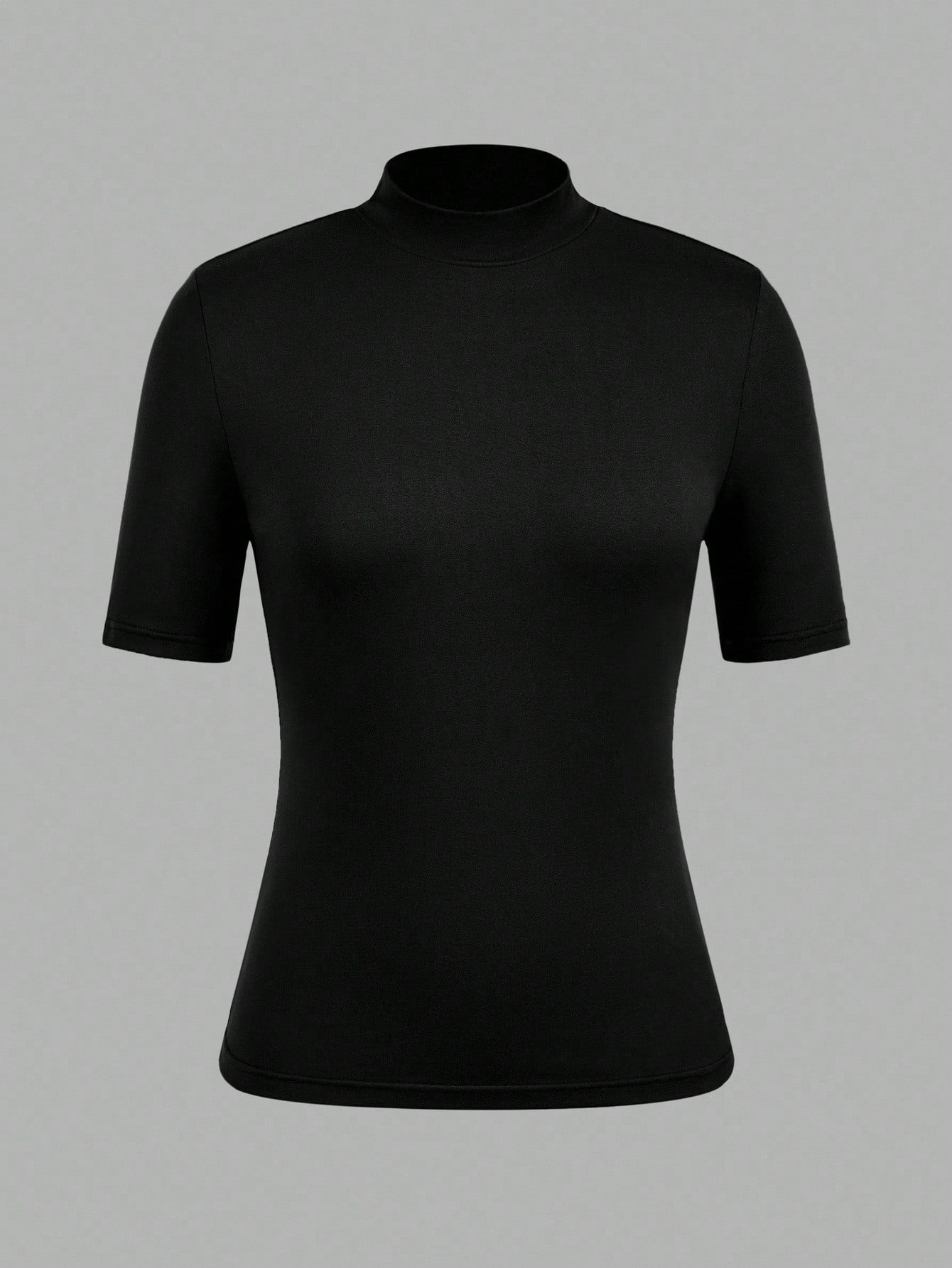 EZwear 3pcs Black Casual Minimalist Women Short Sleeve Turtleneck Undershirt Set,Black Tops