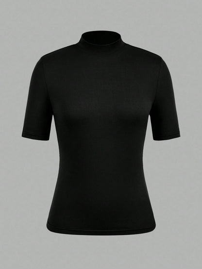 EZwear 3pcs Black Casual Minimalist Women Short Sleeve Turtleneck Undershirt Set,Black Tops