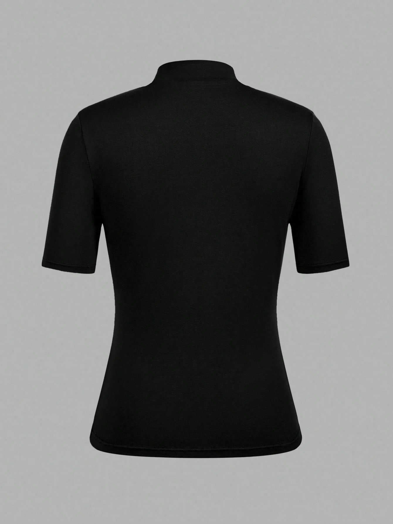 EZwear 3pcs Black Casual Minimalist Women Short Sleeve Turtleneck Undershirt Set,Black Tops