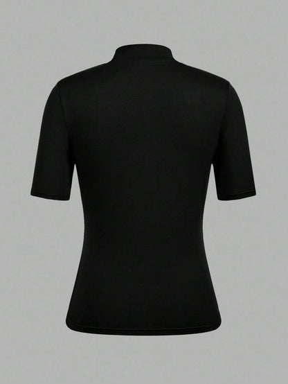 EZwear 3pcs Black Casual Minimalist Women Short Sleeve Turtleneck Undershirt Set,Black Tops