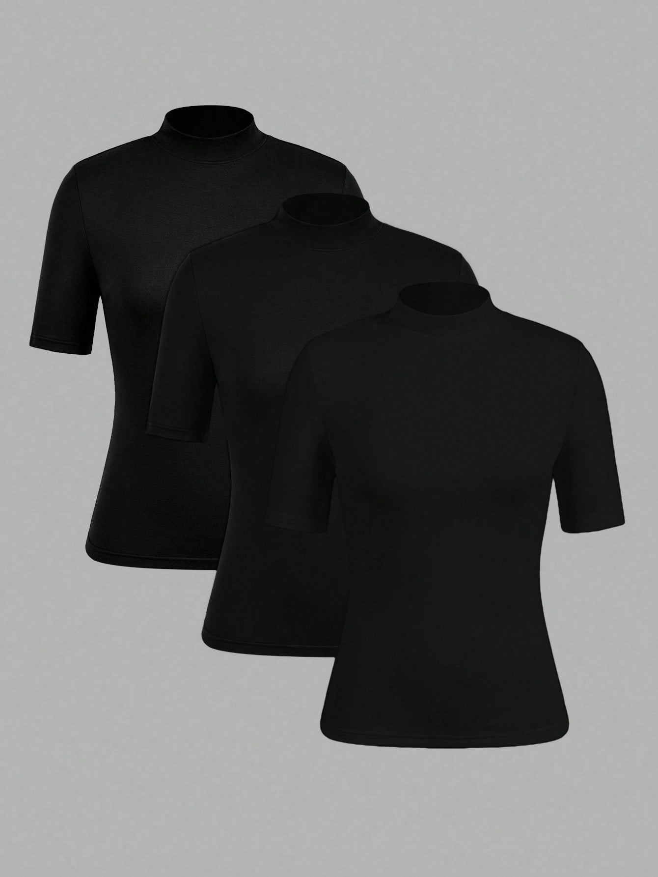 EZwear 3pcs Black Casual Minimalist Women Short Sleeve Turtleneck Undershirt Set,Black Tops