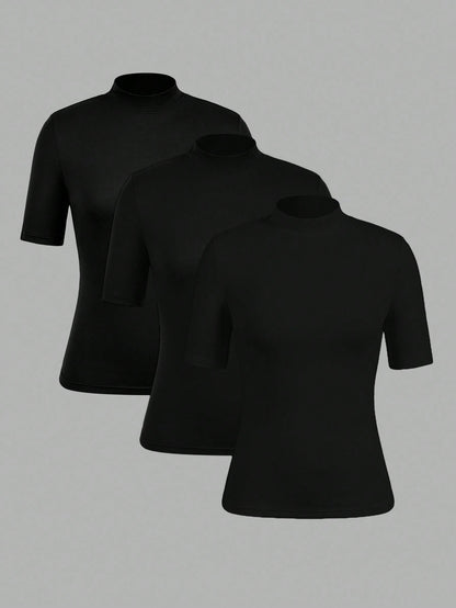 EZwear 3pcs Black Casual Minimalist Women Short Sleeve Turtleneck Undershirt Set,Black Tops