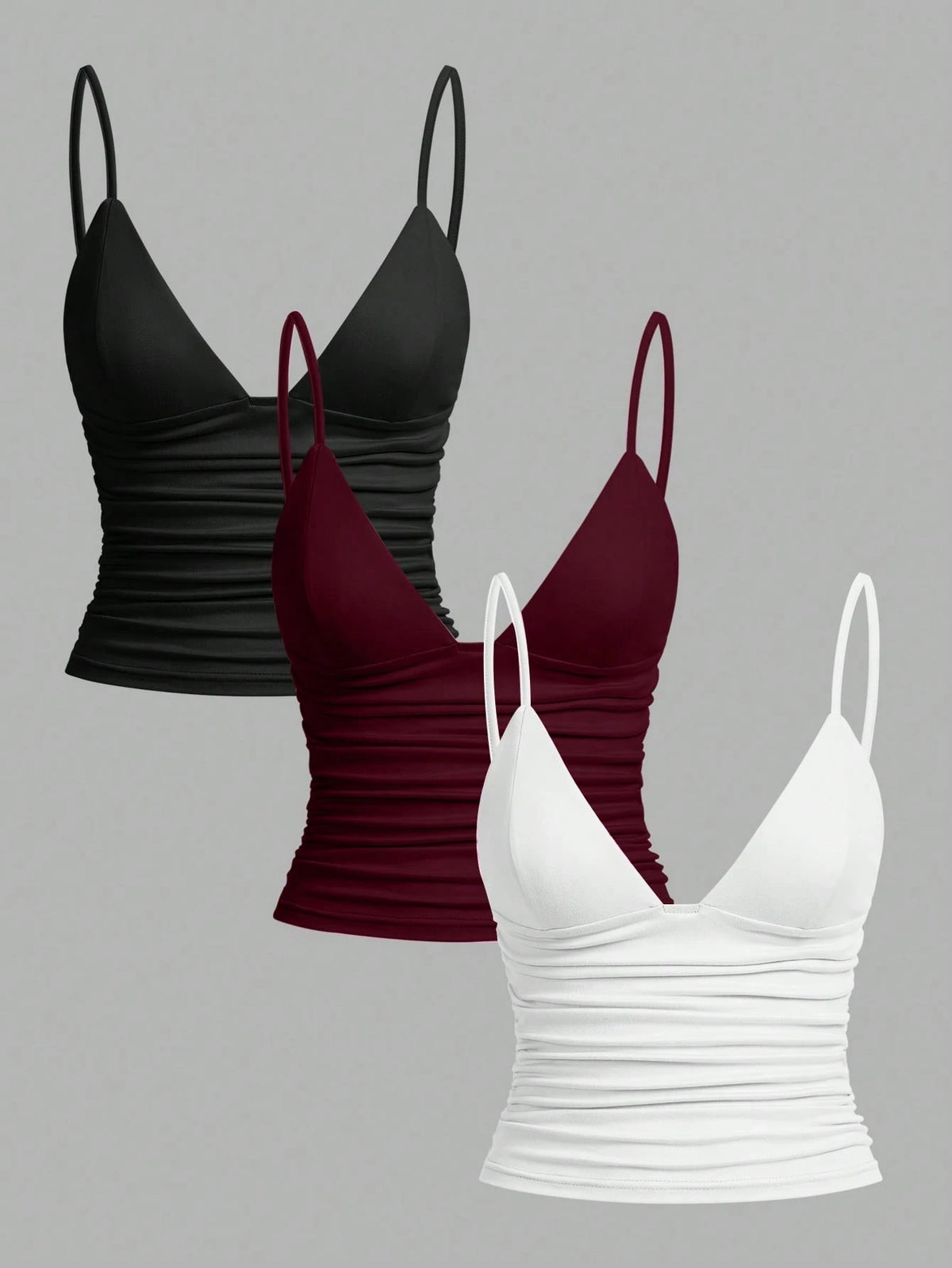 EZwear 3pcs/Set Casual Women Ruched Cropped Camisole With Shelf Bra, Suitable For Summer