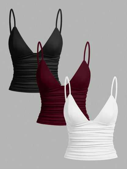 EZwear 3pcs/Set Casual Women Ruched Cropped Camisole With Shelf Bra, Suitable For Summer