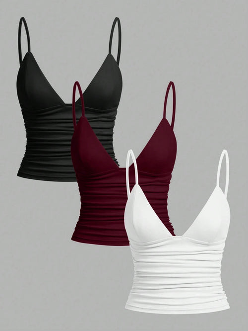 EZwear 3pcs/Set Casual Women Ruched Cropped Camisole With Shelf Bra, Suitable For Summer