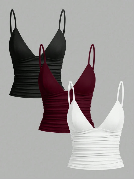 EZwear 3pcs/Set Casual Women Ruched Cropped Camisole With Shelf Bra, Suitable For Summer