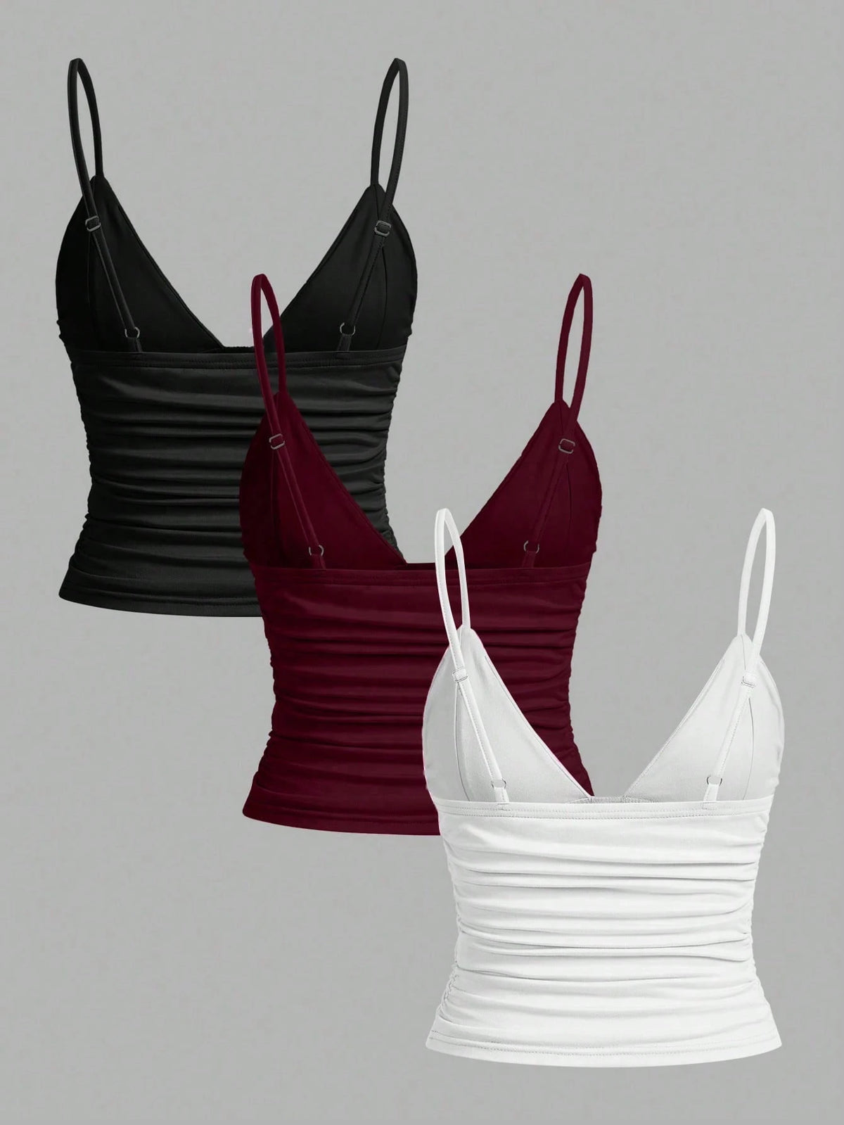 EZwear 3pcs/Set Casual Women Ruched Cropped Camisole With Shelf Bra, Suitable For Summer