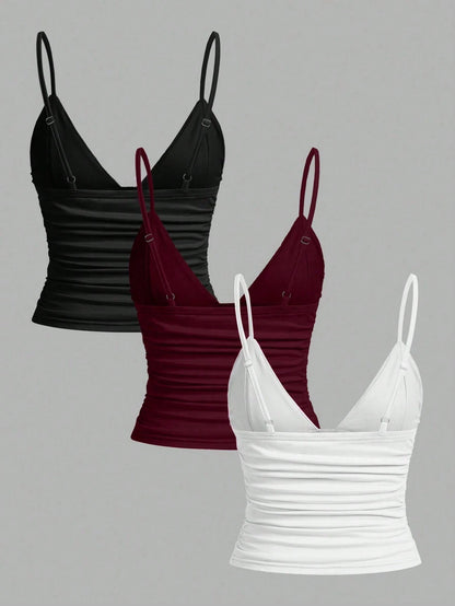 EZwear 3pcs/Set Casual Women Ruched Cropped Camisole With Shelf Bra, Suitable For Summer