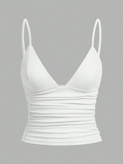 EZwear 3pcs/Set Casual Women Ruched Cropped Camisole With Shelf Bra, Suitable For Summer