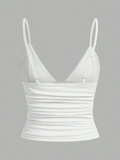 EZwear 3pcs/Set Casual Women Ruched Cropped Camisole With Shelf Bra, Suitable For Summer