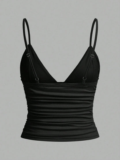 EZwear 3pcs/Set Casual Women Ruched Cropped Camisole With Shelf Bra, Suitable For Summer