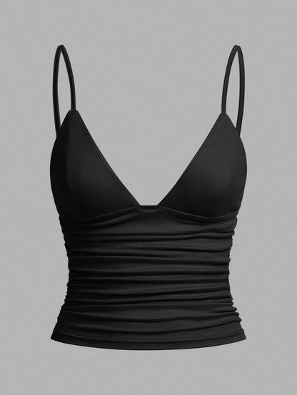 EZwear 3pcs/Set Casual Women Ruched Cropped Camisole With Shelf Bra, Suitable For Summer