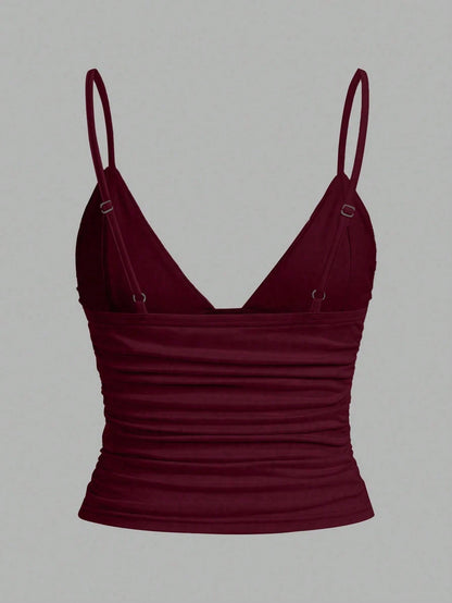 EZwear 3pcs/Set Casual Women Ruched Cropped Camisole With Shelf Bra, Suitable For Summer