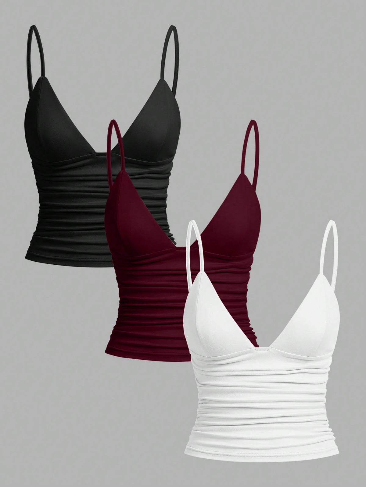 EZwear 3pcs/Set Casual Women Ruched Cropped Camisole With Shelf Bra, Suitable For Summer