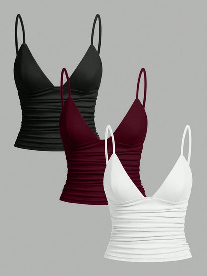 EZwear 3pcs/Set Casual Women Ruched Cropped Camisole With Shelf Bra, Suitable For Summer