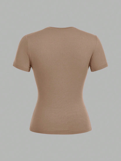 EZwear 3pcs/Set Women Casual Skinny Long Sleeve Round Neck T-Shirt Set, Colors: Deep Brown, Khaki, Light Apricot, Suitable For Summer Autumn And Winter