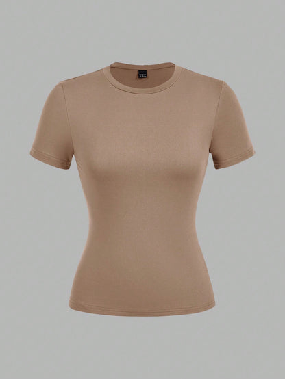 EZwear 3pcs/Set Women Casual Skinny Long Sleeve Round Neck T-Shirt Set, Colors: Deep Brown, Khaki, Light Apricot, Suitable For Summer Autumn And Winter